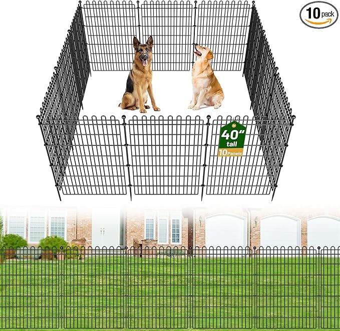 10 Panels No Dig Decorative Garden Fence for Yard, 40 in(H) X 23.6 ft(L) Animal Barrier Fencing for Outdoor Dog, Metal Portable Garden Fences for Borders, Pets, Landscape, Temporary Fence