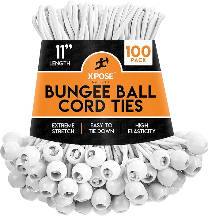 Xpose Safety Bungee Ball Cords 11" 100 Pack Heavy Duty White Stretch Rope with Ball Ties for Canopies, Tarps, Walls, Cable Organization
