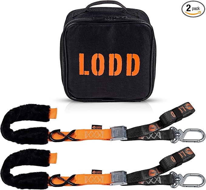 LODD - Motorcycle Tie Down Straps with Swivel Carabiner, Heavy-Duty Buckles, Fur Protection, Reinforced Buckle | 2,400 lbs, 1.5" | Trailer Securing for Dirt Bike, Enduro, Trial, Quad, Trail