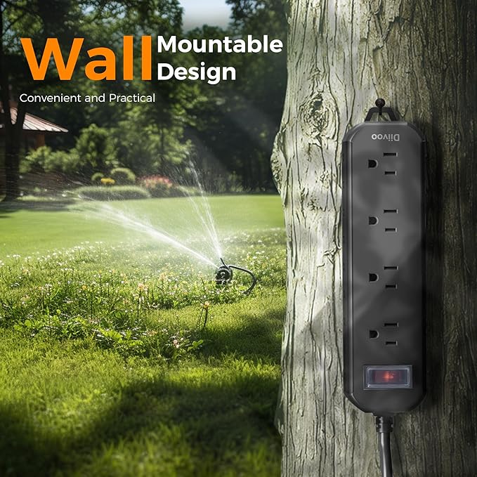 Outdoor Power Strip Weatherproof, 50 FT Extension Cord, Diivoo Waterproof Surge Protector with 4 Outlets, 1250W Shockproof Overload Protection, Flat Plug, Wall Mountable, Black