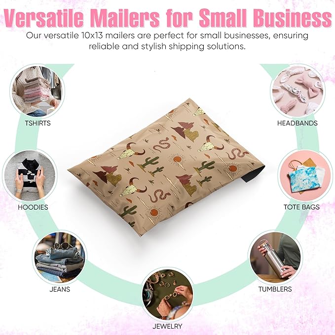 10x13 Poly Mailers – Western Boho – Waterproof, Tear-Resistant Shipping Bags with Adhesive Seal – 50 Pack – Package Mint