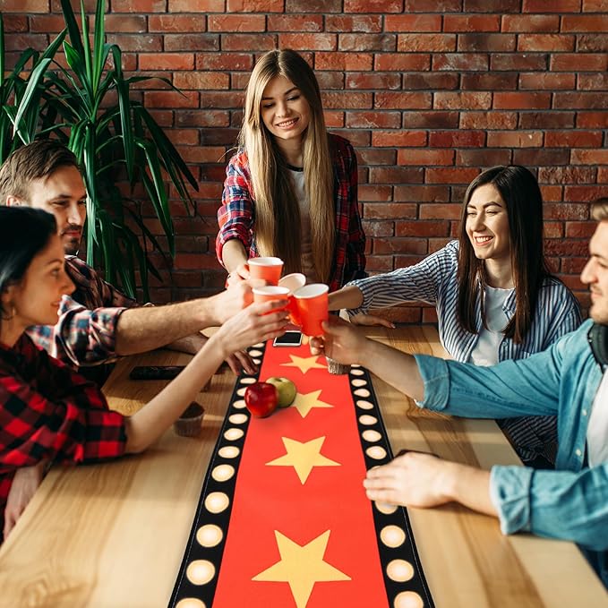 4 Pcs 13 x 72 Inch Movie Night Table Runner with Gold Star Design - Red Carpet Decoration for Birthday Party Supplies（red）