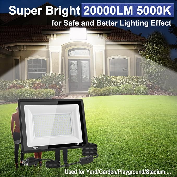 2-Pack 200W LED Flood Light Outdoor, 20000LM Bright Plug-in Flood Lights with Switch, IP66 Waterproof Exterior Security Lights, LED Work Light for Garage, Yard, Garden, Playground, Stadium, Arena