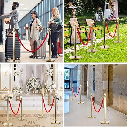 6pcs Gold Stanchions and Red Velvet Ropes 4pcs, Red Carpet Ropes and Poles, Red Carpet Divider Stands Party Decorations, Gold Stanchions Queue Barrier Reception with Fillable Plastic Base