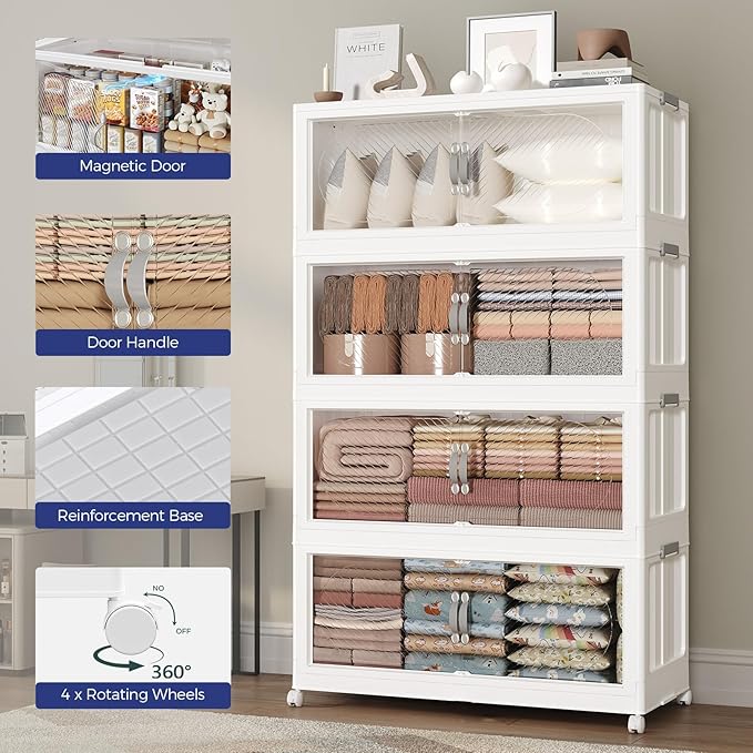 180GAL Plastic Storage Bins with Lid, 720QT Extra Large Stackable Closet Organizers and Storage, Collapsible Storage Boxes with Wheels, Folding Cabinet for Home Kitchen Office, 6Pack White