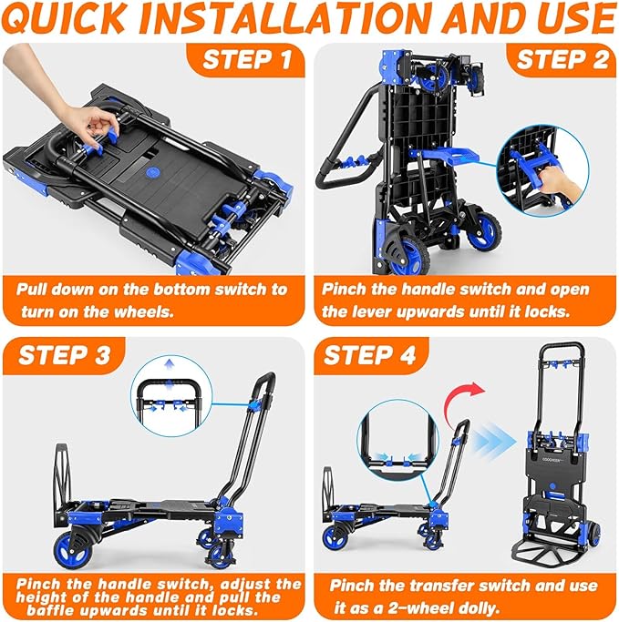 2-in-1 Folding Hand Truck with Retractable Handle, 330LBS Capacity Heavy Duty Hand Dolly, Collapsible Dolly Cart with Wheels for Luggage/Moving/Travel