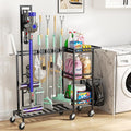 Housolution Cleaning Utility Cart on Wheels, Multifunctional Cleaning Tools Supplies Organizer with Broom and Mop Holder, Vacuum Stand Compatible with Dyson, Rolling Storage Cart for Home