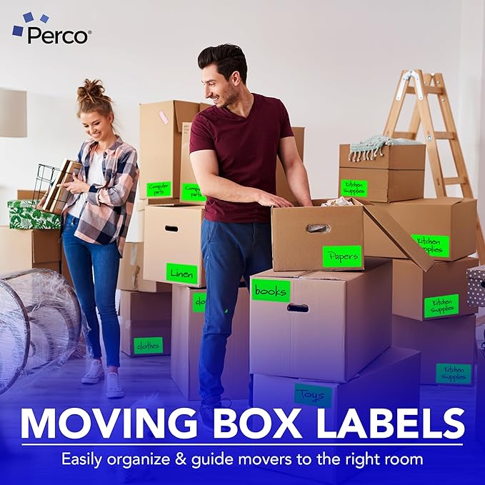 Perco Fluorescent Green 3x5 Inch Perforated Sticker Labels — 150 Stickers/Roll — with Permanent Adhesive for Inventory Management, Color Coding, Moving Boxes, Retail, Organizing & Crafts — Made in USA