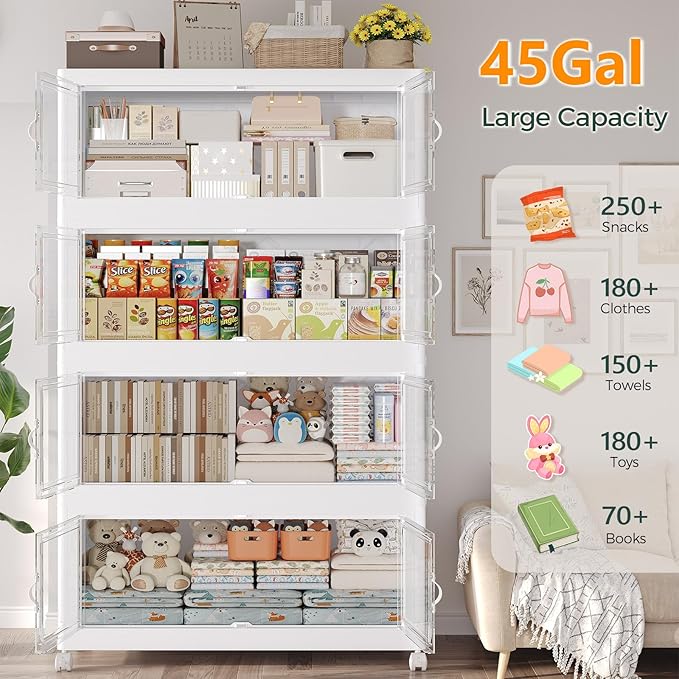 180Gal Stackable Storage Bins with Lid and Wheels, 720QT Plastic Collapsible Storage Boxes with Doors, Closet Organizer and Storage Cabinet for Home Kitchen Office Dorm Room, 4Pack White