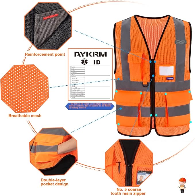 A-SAFETY High Visibility Mesh Safety Reflective Vest with Pockets and Zipper,Hi Vis Viz Reflective Safety Vest(Orange Mesh L)