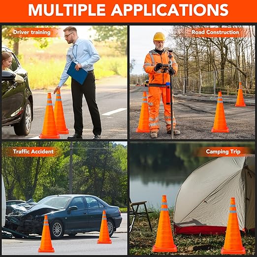 [4 Pack]28 Inch Collapsible Traffic Safety Cones with Storage Bag- Parking Cones with Reflective Collars for Road Safety, Orange Safety Cones for Parking lot, Driveway, Driving Training