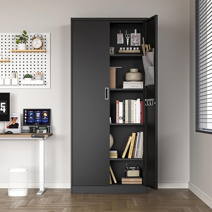 Washemba 71" Metal Garage Storage Cabinet, 2 Locked Doors and 5 Adjustable Shelves, can be Used for Storing Tools, consumables, Books, etc., for Office, Home, Garage, Gym, School (Black)