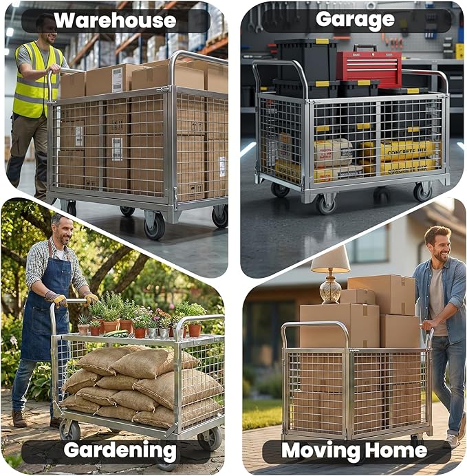 Industrial Cage Cart 2200lbs - 40" x 24" Flatbed Hand Truck with Mesh Basket, Heavy Duty U-Boat Style Dolly for Narrow Aisles, Retail Stores, and Office Moving