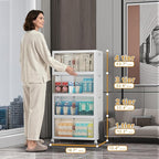 440Qt Stackable Storage Bins with Lids, 8 Pack Collapsible Bins with Wheels, Plastic Cabinet with Doors, Foldable Closet Organizers and Storage for Home, Dorm, Office, White
