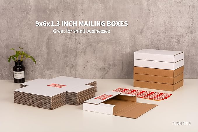 9x6x1.3 inch Small Shipping Boxes, Multi-Depth Flat Cardboard Boxes with Fragile Stickers for DVD Shipping, Packing, Moving, Storage, White, 25 Pack