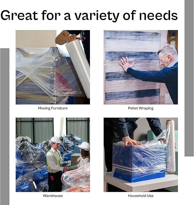 PSBM Stretch Wrap, 4 Pack, 12 Inch x 1500 Feet, 90 Gauge, Clear Plastic Cling, Cast Hand Stretch Film Rolls for Packaging Moving Packing Pallets