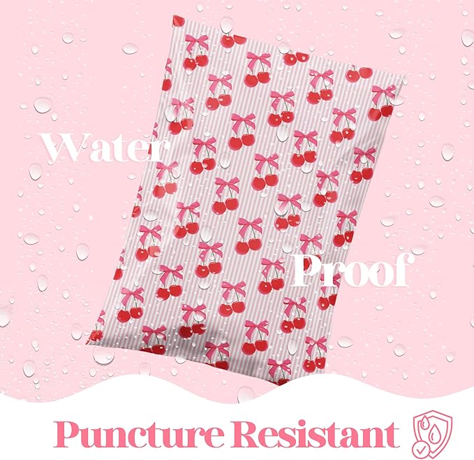 10x13 Designer Poly Mailer 100 Pack Heavy Duty Waterproof Self Seal Shipping Bags for Small Business Large Mailing Envelopes Bulk Tear Resistant Packaging Pink Stripe Cherry Fruit