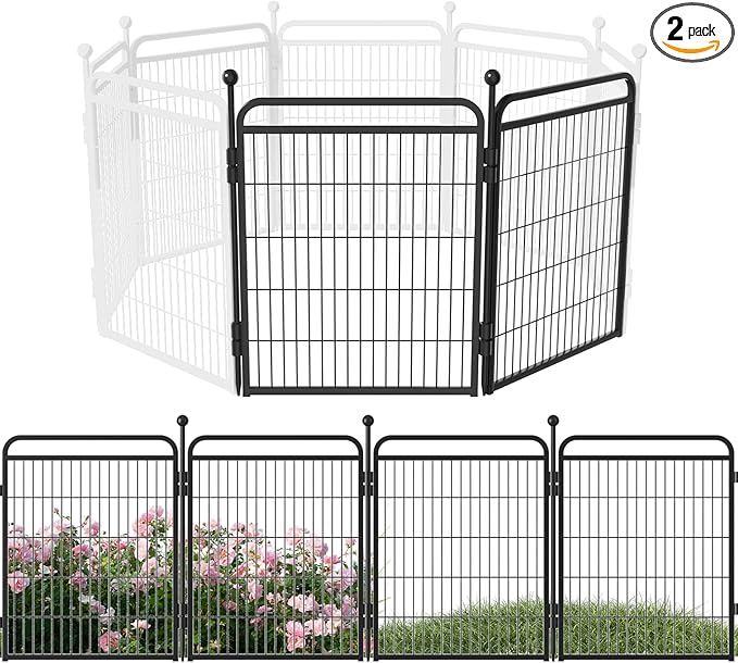 Decorative Garden Fence 32in(H) x52in(L), Thicken 2 Panels Metal No Dig Outdoor Dog Fence for Yard,Heavy Duty Animal Barrier for Dog and Rabbit, Garden Border Fence, Black
