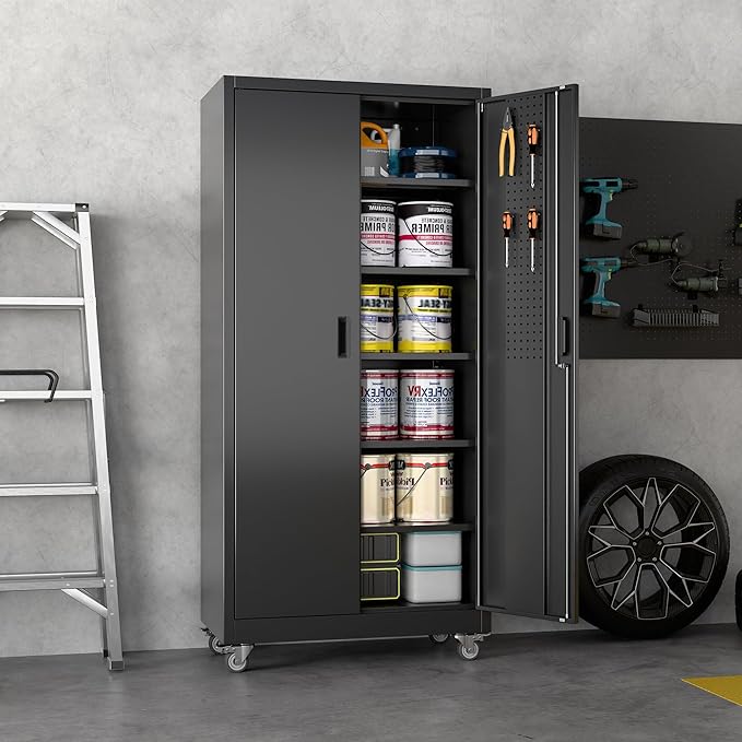 SUXXAN Metal Garage Storage Cabinet with Wheels and Pegboard 71'' x 34'' x 18'', Lockable Rolling Steel Cabinet with 5 Adjustable Shelves and Door for Garage, Office, Kitchen, Assembly Required(Black)