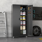 71" H×34" W×18" D Garage Storage Cabinet with Wheels, Metal Storage Cabinet with 5 Adjustable Shelves and Pegboard for Garage Home Office Utility Room,Required Assembly,Black