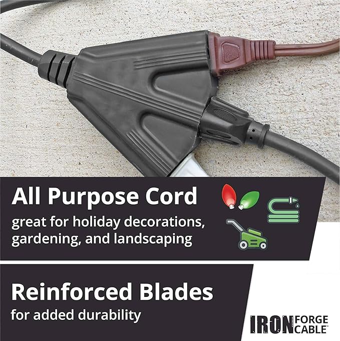Iron Forge Cable 14 Gauge Outdoor Extension Cord 10 Ft with 3 Power Outlets, SJTOW 14/3 Heavy Duty Black 3 Prong, Oil Resistant & Flame Retardant