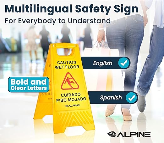 Alpine Caution Wet Floor Sign, 24 Inch High Visibility Yellow Slippery When Wet Sign - Bilingual Safety Warning Sign to Easily Avoid Slippery Accidents in Businesses & High Traffic Areas