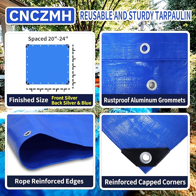 Tarp Heavy Duty Waterproof 4x6 Feet 2 Pack, 10 Mil Thick Blue Poly Tarps Outdoor, Metal Grommets, Reinforced Edges, Multipurpose Tarpaulin Protective Cover for Camping, Boat, Swimming Pools,