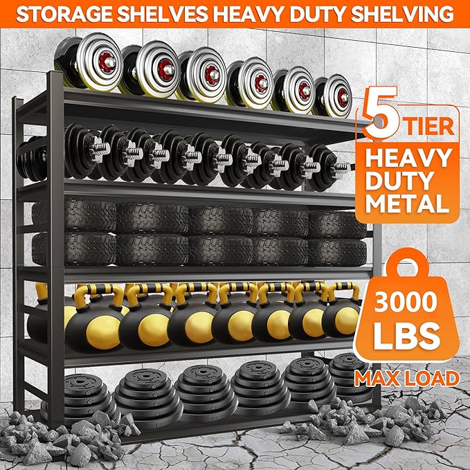 Adjustable 5-Tier Garage Shelving, Heavy Duty Steel Storage Shelves, High Load Capacity Shelf, Ideal for Garage, Warehouse, or Home Organization (with Fences, 36" W*16" D*72" H)