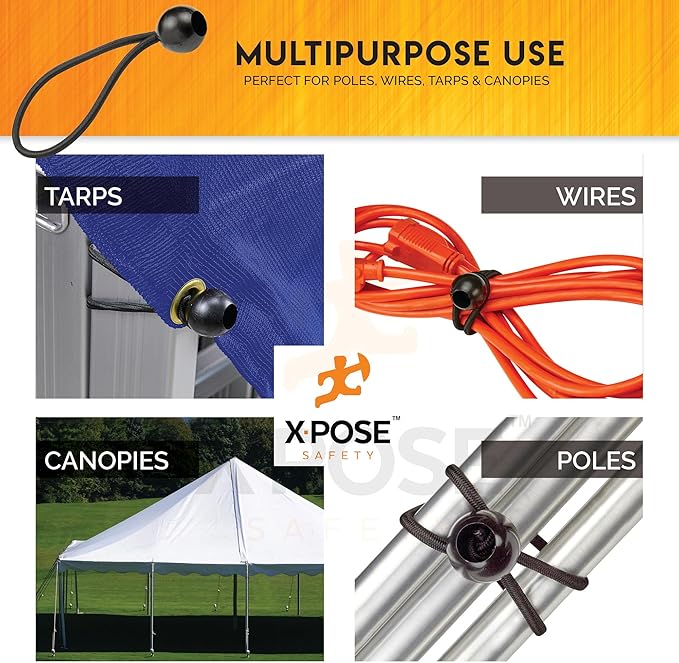 Xpose Safety Bungee Ball Cords 6" 10 Pack Heavy Duty Black Stretch Rope with Ball Ties for Canopies, Tarps, Walls, Cable Organization