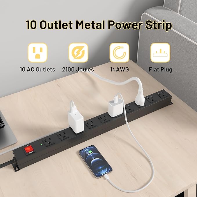KF 10 Outlet Heavy Duty Power Strip with Surge Protector 2100J,15A/1875W Wall Mount Design, 8FT Extension Cord & Safety Switch for Home Office, Workshop, Gaming Setup, Studio - Black