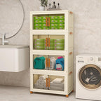 Plastic Stackable Storage Bins with Lids and Wheels, 148.8QT-37.2QT*4Tier Foldable Storage Containers and Collapsible Clear Storage Cabinet with Doors Ivory White