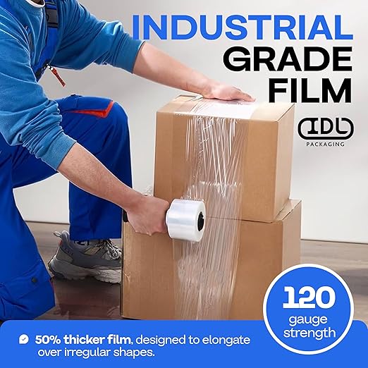 IDL Packaging 3" Stretch Wrap Mini Roll, 700 feet, 120 Gauge (Pack of 2) with a Plastic Handle Included – Industrial Grade Clear Plastic Wrap – Improved Protection for Packing, Moving, or Office