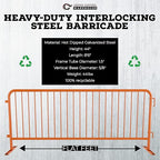 Angry Bull Barricades Heavy Duty Crowd Control Metal Interlocking Barricade with Flat No-Trip Feet - 8.5 Ft. (Safety Orange) (10 Pack)
