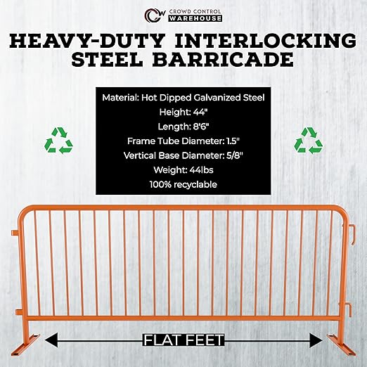 Angry Bull Barricades Heavy Duty Crowd Control Metal Interlocking Barricade with Flat No-Trip Feet - 8.5 Ft. (Safety Orange) (20 Pack)