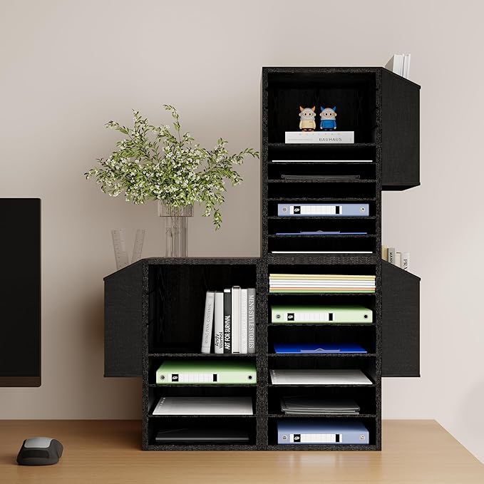 Office Mail Sorter, Wooden Paper Organizer With Storage Bag, 10 Tier Adjustable Classroom Mailbox, Removable Classroom Organization, Teacher Desk Organization for Office, Study, Black