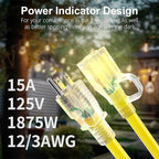 HUANCHAIN 12/3 Gauge Heavy Duty Outdoor Extension Cord 10 ft Waterproof with Lighted end, Flexible Cold-Resistant 3 Prong Electric Cord Outside, 15Amp 1875W 12AWG SJTW, Yellow, ETL