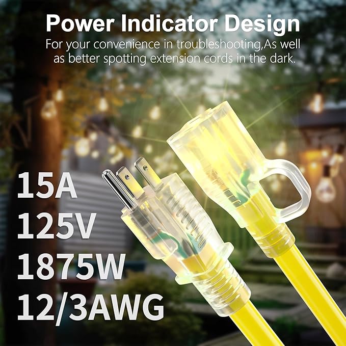 HUANCHAIN 150 ft 12/3 Gauge Outdoor Extension Cord Waterproof Heavy Duty with Lighted end, Flexible Cold-Resistant 3 Prong Electric Cord Outside, 15Amp 1875W 12AWG SJTW, Yellow, ETL