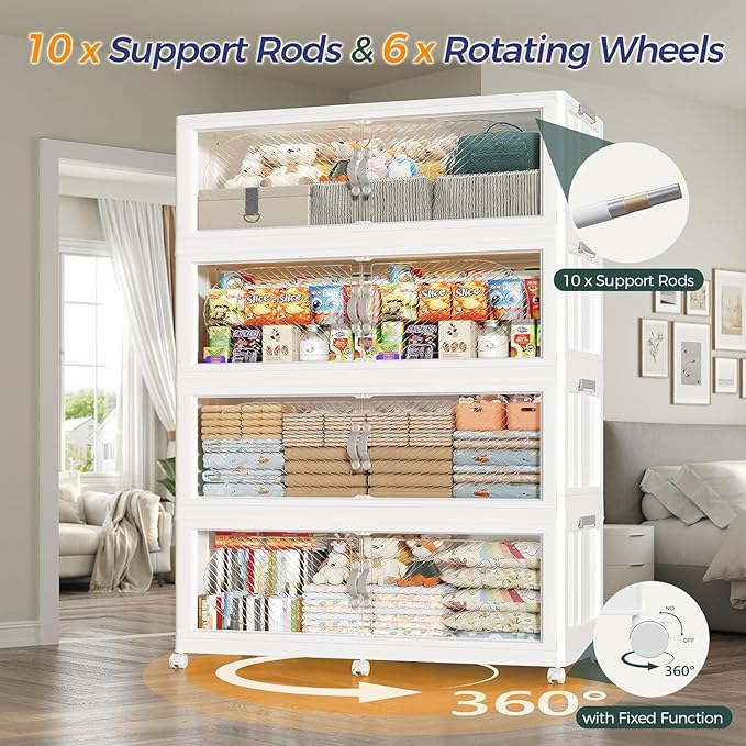 1200QT Plastic Stackable Storage Bins with Lid, 300GAL Extra Large Collapsible Box with Wheels Clear Door, Foldable Closet Organizer Container Cabinet Drawer for Home Kitchen，5Pack, White