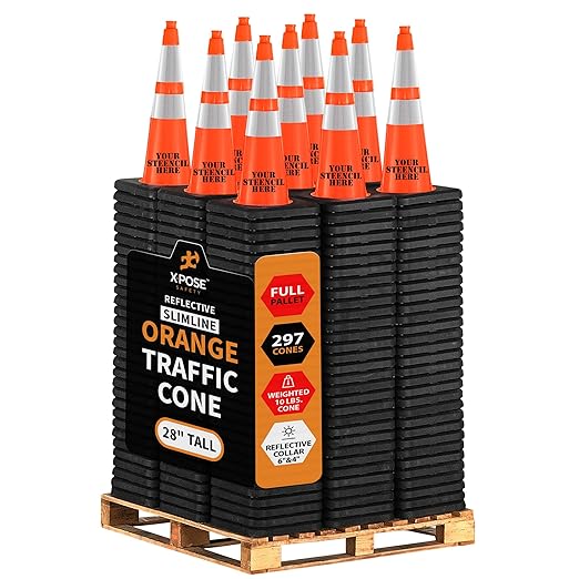 Xpose Safety 28 Inch Orange Slim Line Traffic Cones Heavy Duty 10lb 6" & 4" Collar - Bulk Full Pallet 279 Pack - Multipurpose PVC Plastic Safety Cone Parking, Caution & Construction - DOT Approved