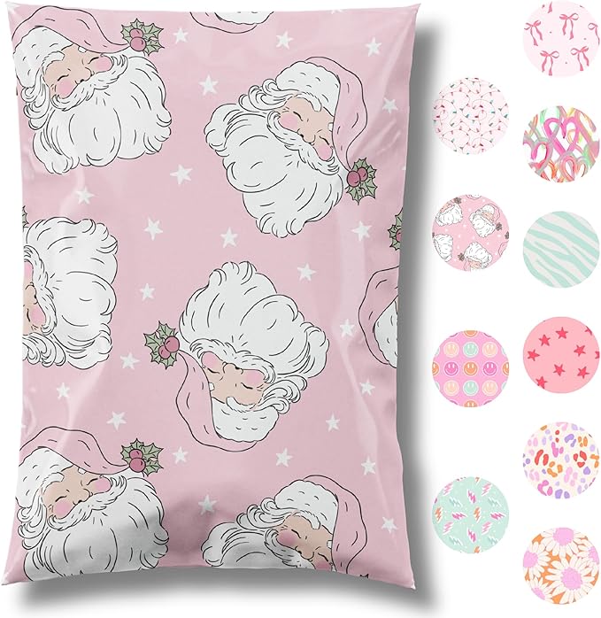 10x13 Designer Christmas Holiday Poly Mailer 100 Pack Heavy Duty Waterproof Self Seal Shipping Bags Large Mailing Envelopes Bulk Tear Resistant Cute Packaging Pink Santa