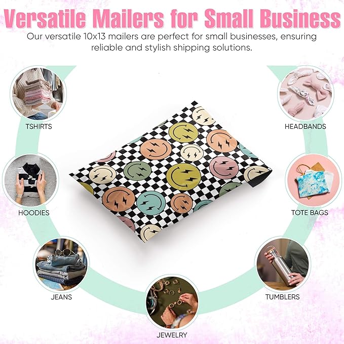 10x13 Poly Mailers – Smiles Checkerboard – Waterproof, Tear-Resistant Shipping Bags with Adhesive Seal – 50 Pack – Package Mint