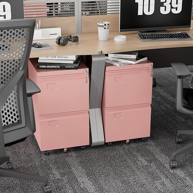 Aobabo 2 Drawer File Cabinet with Wheels, Lockable Metal Filing Cabinet with Business Card Slot for Legal/Letter Size for Home Office, Required Assembled,Pink