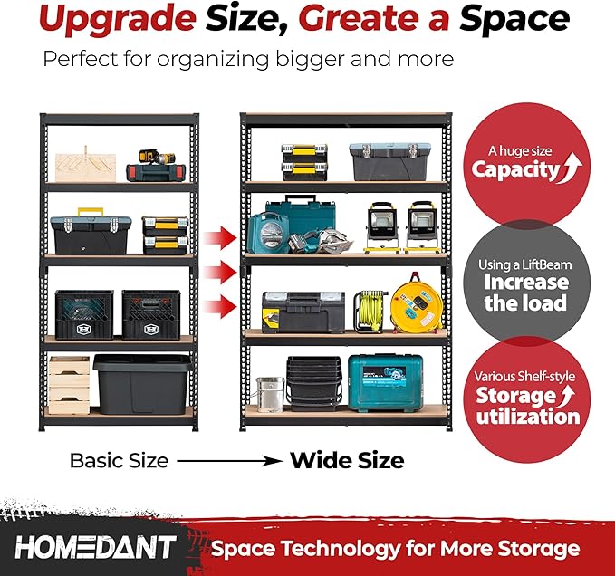 HOMEDANT 5 Tier Storage Shelves Adjustable Laminated Boltless Garage Metal Shelving Unit Heavy Duty Utility Rack Shelf Warehouse Pantry Closet Kitchen (3, (L) 48.1" W, Black)