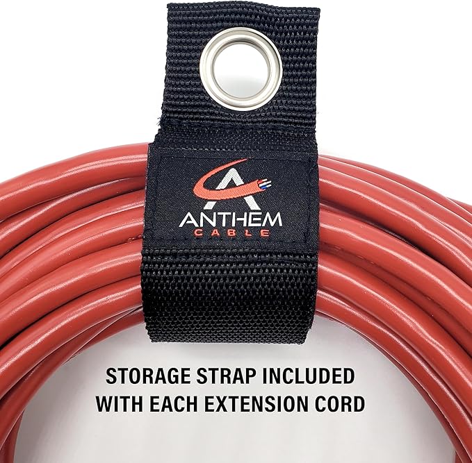 50 ft - 14 Gauge Extension Cord Outdoor - Made in USA - Lighted on Both Ends - Red Outdoor Extension_Cord Waterproof by Anthem Cable - Heavy Duty ExtensionCord 50 ft 15 Amp Extension