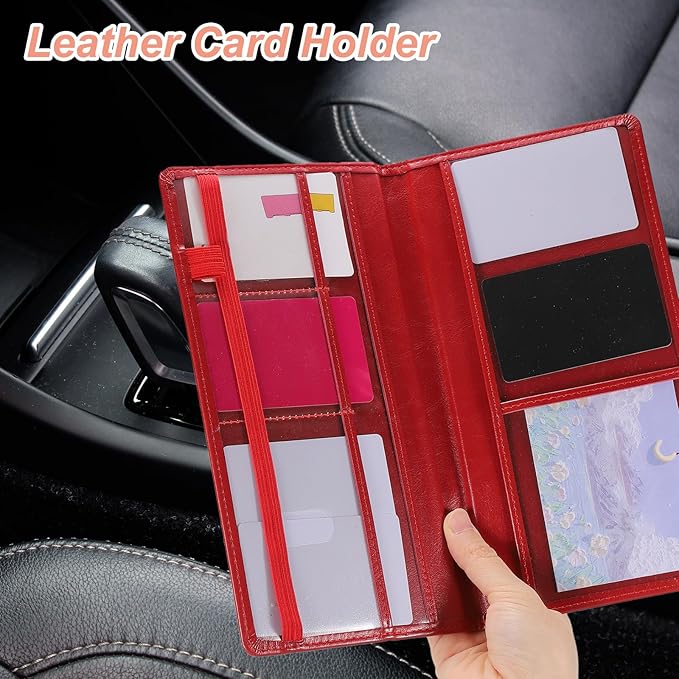HARFINGTON Car Registration and Insurance Holder 9.45" x 5.04" PU Leather Vehicle Glove Box Organizer Storage Accessories Men Women Car ID Holder for License ID Card Bank Card, Pink