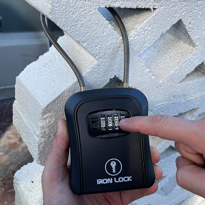 Iron Lock® Key Lock Box Portable with Cable Shackle & Wall Mount – Waterproof Metal Lock Box for Keys with 4-Digit Combination & Resettable Code – Indoor/Outdoor Key Safe (Black, Medium)