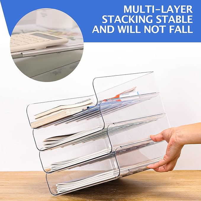 Set of 4 Office Organization and Storage, Clear PET Letter Tray Desk Organizer, Stackable Paper Tray Organizer for Desk Accessories, Notes, Pens, File Paper, Document