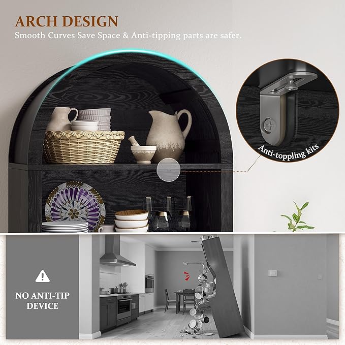 Arched Kitchen Pantry, 5-Tier Arched Cabinet with Fluted Doors, Display Cabinet with Open & Adjustable Shelves, Versatile Cupboard for Dining Room, Living Room, Black