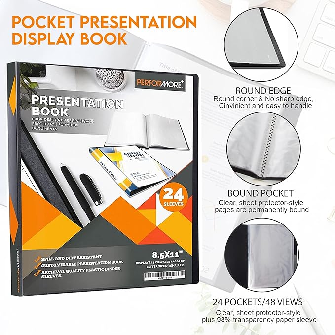 PERFORMORE Presentation Folder, 24 Pocket Presentation Display Book (Black) with Plastic Sleeves, 48 Pages Capacity for 8.5" X 11" Sheet Size Paper, Portfolio and Sheet Protector Binder (2)