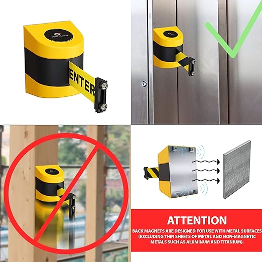 Crowd Control Warehouse - CCW Series WMB-230 Magnetic Wall Mount Retractable Belt Barrier - 30 Foot Belt, Yellow with"Out of Service" Black Letters Belt with Yellow ABS Case